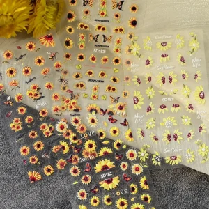 5D Sunflower and Butterfly Nail Art Stickers Self Adhesive Embossed Daisy Sliders for Manicure Decoration Girls Womens