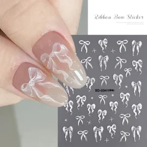 5D White Nail Ribbons Stickers Bows Nail Charms Cute Silk Bowknot Decals Y2K Nail Design Siders Kawaii Manicure Accessories