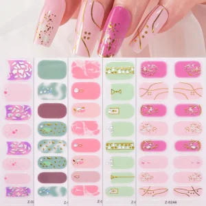 5Pcs set 16tips Full Cover Gel Nail Wraps Sticker Stickers 3D Self Adhesive Summer Gold Line French Nail Strips Baking Free