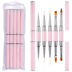 5pcs Pink Metal Double End Nail Art Brushes Oval Flat 3D Ombre Liner Brush Nail Art Nail Brush Set