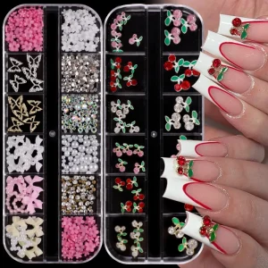 6 12grids box Mixed Style Nail Art Rhinestone Cherry Bow Resin Flower Alloy Shell Nail Decorations Jewelry Accessories