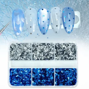 6 Grid 1mm Mini Hollow Heart Star Shape 3D Polarized Mermaid Nail Art Sequins Iridescent Star Fluorescent Glitter Super Flash