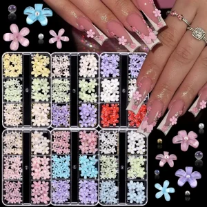 6 Grid 3D Flower Nail Art Charm Resin Mixed Beads DIY Nail Decals Colorful Jewelry Accessories Decorations Rhinestones