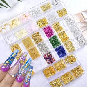 6 Grid 3D Jelly Back Nail Art Decorations AB Crystal Rhinestone Beads Starfish Coconut Tree Kawaii Bling Bling Nail Jewelry