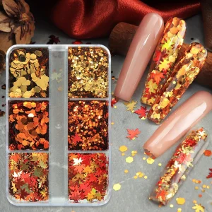 6 Grid 3D Resin Mixed Maple Gold Leaf Nails Glitter Laser Nail Art Sequins Fall Accessories Gold Leaf for Nails