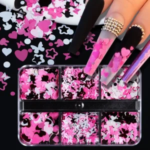 6 Grid Butterfly Rabbit Love Sequin 3D Decal Stickers Nail Art Decoration