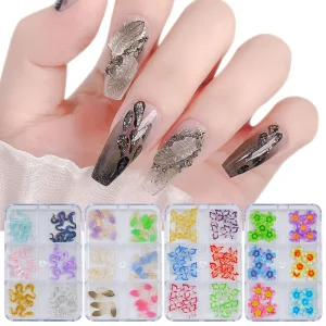 6 Grid Resin Nail Art Decorations Flower Snake Butterfly Diamond Bow Jewelry DIY Nail Decorations