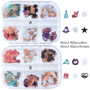 6 Grids 3D Christmas Nail Art Decoration 2 Colors Glitter Sequin Mixed Shape Sparkle Flakes Manicure Palette Plastic Nail Parts