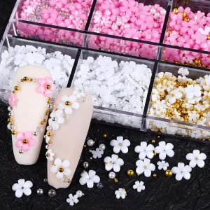 6 Grids 3D Resin Acrylic Flowers Mixed Gold Silver Beads Nail Art Charm Nail Art Decoration