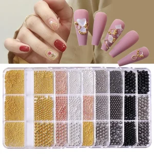 6 Grids Box Mixed Size Nail Art Caviar Beads 0.8-3mm Stainless Steel Micro Ball Beads Gold Silver Gun Color 3D Nail Decoration