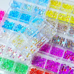 6 Grids Mermaid Crystal Pearl Plastic Nail Art Decoration 8 Colors Mocha Semi Round Beads with 3D Effect