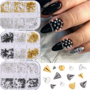6 Grids Metal Look Rivet Punk Cone Spike Nail Charm Cool Girl Rock 3D Alloy Mini Silver Black Nail Art Studs Decor