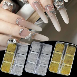 6 Grids Mini Steel Beads Nail Charms 3D DIY Silver Gold Mix Size Beads Alloy Nail Decoration Nail