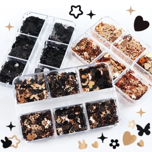 6 Piece Mixed 3D Nail Art Accessories Black Golden Butterfly Heart Stars Enhancement Sequins Plastic Nail Decoration