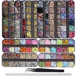 60 Boxes Rhinestones Nail Diamonds Nail Art Studs Crystals Nail Jewelry Sequins Kit With 1 Tweezers and 1 Pen