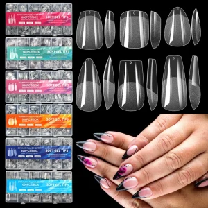 600 Pcs Full Cover Seamless French Style Nail Tips No Carving Soft Gel for Fingers Square Pattern
