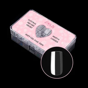 600 Pieces Custom Brand Label Clear Gel Nail Tips PMMA Soft Gel Full Cover Square Short Instant Nail Tips 14 Sizes