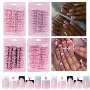 60pcs French Press on Nails & Toenails Set Nude Pink Square Artificial Fake Fingernails Toe Nails 2in1 Hand Foot False Nails Kit