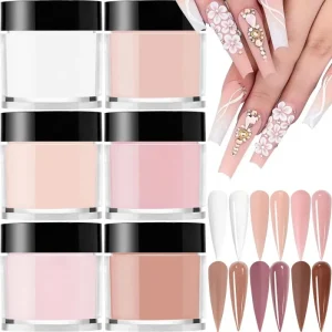 6Pcs 10ml Nail Acrylic Powder 6 Colors Crystal Pink Nude Extension Dipping Engraving Acrylic Powder Poly Monomer Manicure Tools
