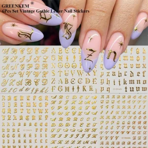 6Pcs Set Vintage Gothic Letter Nail Stickers Gold Foil Roman Cursive Metal Look Decals Nail Art Decoration Stickers