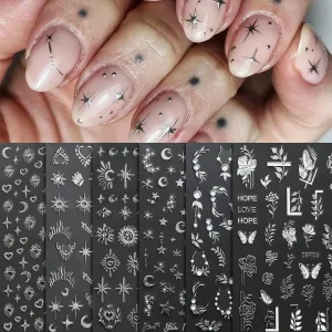 6pcs/Set Bronzing Silver Heart Moon Star Nail Art Sticker Laser Gold Butterfly Sun Flower Self-adhesive Nail Design Decal