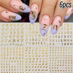 6pcs Y2K Vintage Gothic Old English Alphabet Nail Stickers Metallic Gold 3D Letters Self Adhesive Nail Decals Punk Nail Decals
