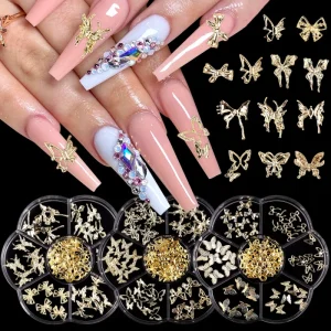 7 Grid Petal Box Silver Gold Nail Art Decoration 3D Bow Design for DIY Nail Art Elegant Butterfly Metal Nail Charms