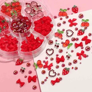 7 Grids Box Red Strawberry Mix Cherry Bow Pearl Nail Art Resin Charms 3D Nail Jewelry Accessories