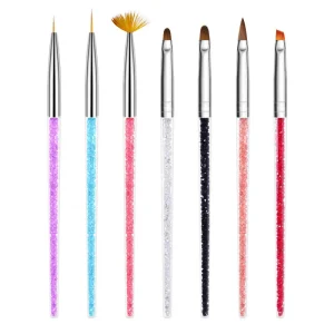 7pcs Nail Gel Polish Painting Design Pen Set Acrylic Nail Liner Brush Pen Cleaning Nail Art Brush Tools Crystal Diamond Handle