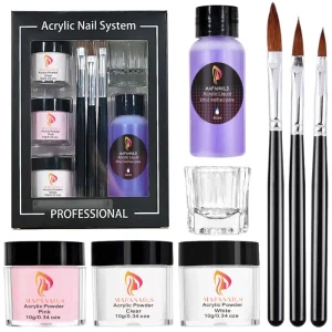 8 Pcs Acrylic Nail Kit Acrylic Powder and Monomer Liquid Set with Nail Brush for Nail Extension 3D Design Salon Home Manicure