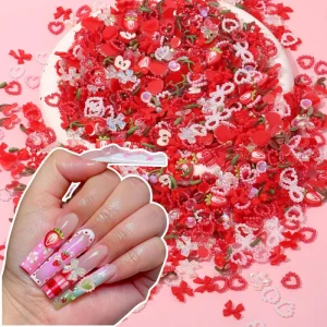80pcs Bag Nail Charms in Bulk 3D Red Strawberry Cherry Bows Heart-Shaped Resin Nail Jewelry Acrylic Nail Accessories