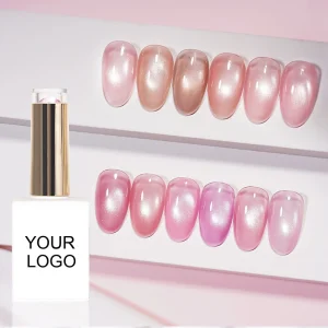 8μm Magnetic Powder Gel Sheer Nude Pink Peach Blossom Cat Eye Gel Polish with Glass Bead Holography