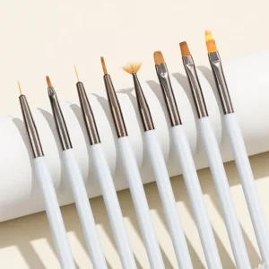 8pcs High Quality Nylon Nail Brushes Set Flat and Liner Hair Shape for Nail Art Application
