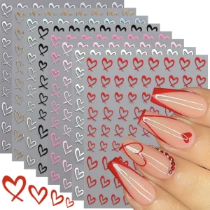 8pcs Set Cute Love Heart Nail Art Sticker Red Silver Pink Hollowed out Crooked Heart Nail Stickers 3D DIY Decals Decoration