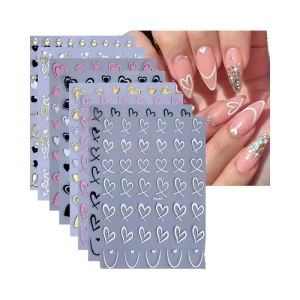 8pcs Valentine’s Day 3D Self Adhesive Nail Art Stickers Decal Hollow Peach Heart Shaped French Style Nail Design Set for Women