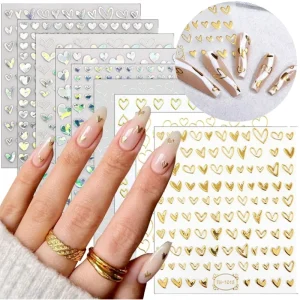 9 Sheets 3D Heart Nail Art Stickers Paper Metallic Gold Silver Glitter Valentine’s Day DIY Manicure Decorations for Women Girls