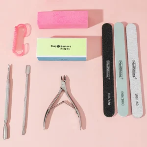 9 in 1 Nail Tool Set with Manicure Kit with Clean Brush Professional Producer Cuticle Pusher Pink Polybag Nail Files Set
