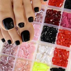 96Pcs Box French Fake Toenails Butterfly Flower Design Square Short Press on Nails Toenail Glossy Full Cover False Toe Extension