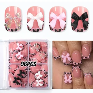 96pcs False Short Square French Style Full Cover Press On Nails Glue 3D Bow Rhinestone Design Detachable (ABS Almond Shape)