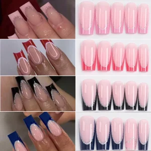 96pcs box Acrylic French False Nails Tip 4 Grids Pink Red Blue Black Square Artificial Fake Nails Soft Gel Short Press on Nails