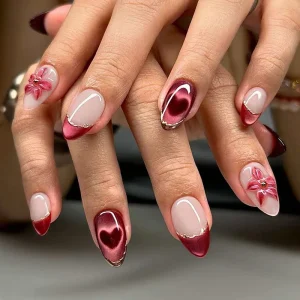 ABS Full Cover Short Almond Press on Nails with Glue Wine Red 3D Flowers and Golden Beads Finger Nail Tips Art