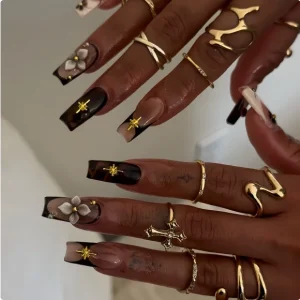 AL 018 Reusable Press on Nails Long Square French Tip 3D Flower & Gold Star Nude Black Tortoiseshell Gothic False Nails