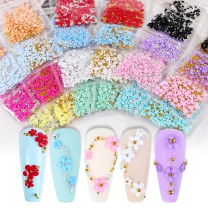 Acrylic Flower Nail Art Charms Mixed Size Rhinestones Steel Ball Pearl Red Blue Gem Manicure Accessories DIY Nails Design