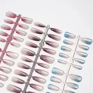 Aillsa French False Nails 30pcs Gradient Effect Cat Eye Long Short Coffin Press on Nails Tip Glue Sticker Set