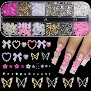 Alloy 12 Grids 3D Nail Art Decorations Butterfly Rhinestone Resin Ribbon Bow Flower Pearl Diamonds Y2K Jewelry Manicure