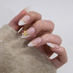 Almond French Tips Hand Made Artificial Full Cover Fingernails Press Nails High Quality Acrylic False Pre designed Butterfly