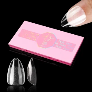 Almond Medium Artificial Nail Tips Custom Label Half Matte Non C Curve Nail Tips with Pink Box