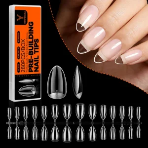 Almond Pre-building 14 Sizes Full Cover Nail Tips Clear 280PCS Soft Gel Tips for Manicure