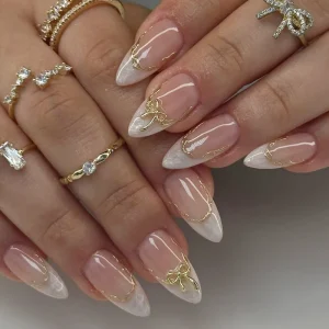 Almond Press on Nails Nude With Gold Line Bow & Marble Design Reusable Acrylic False Nails for Women
