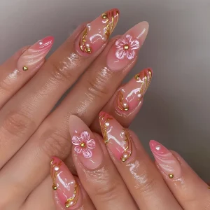Almond Shape Gradient Pink Hue Intricate Floral Patterns 3D Small Pearls Press on Nails